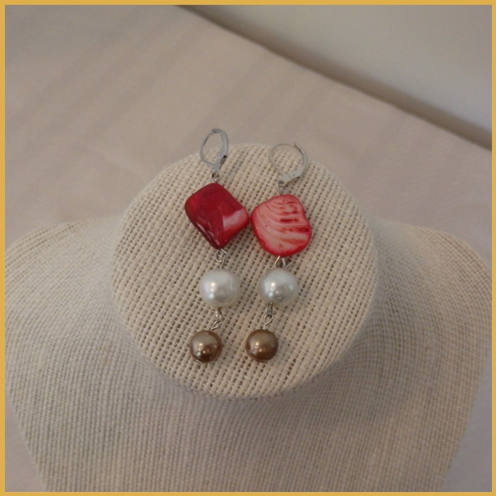 Pink, White and Bronze Bead Upcycled Earrings_2