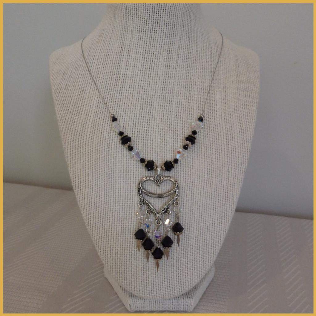 Delicate Gothic Style Heart and Black Bead Recycled Necklace_1