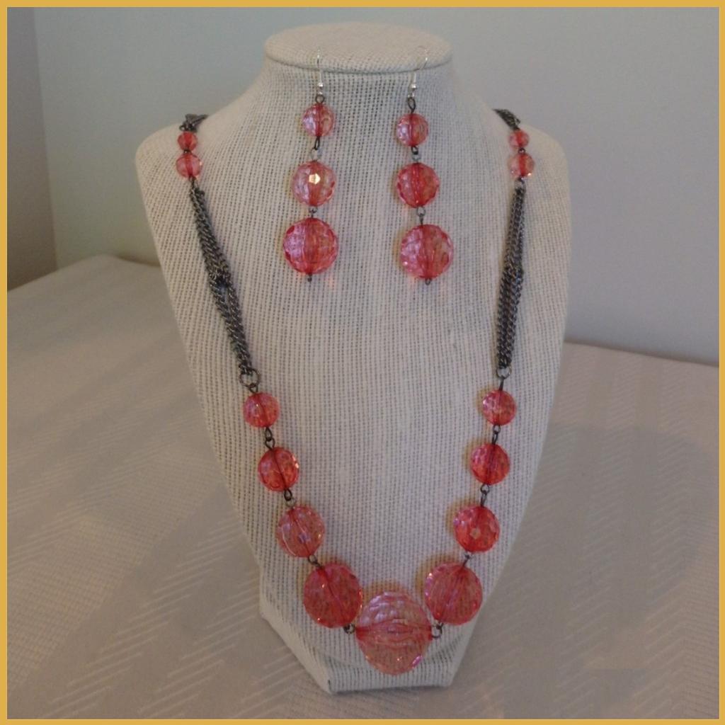 Pink Bead Upcycled Necklace and Earrings Set_1