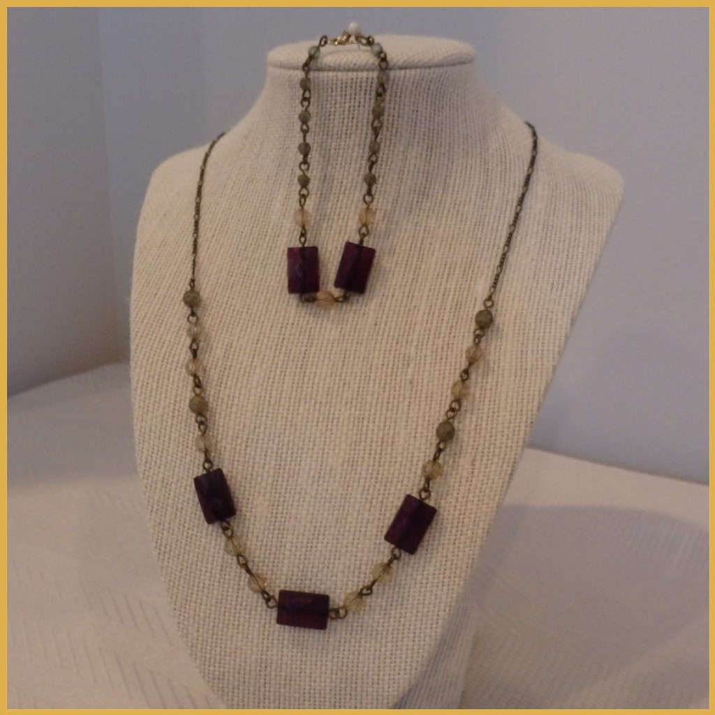Linked Purple and Cream Bead Upcycled Necklace and Bracelet_5