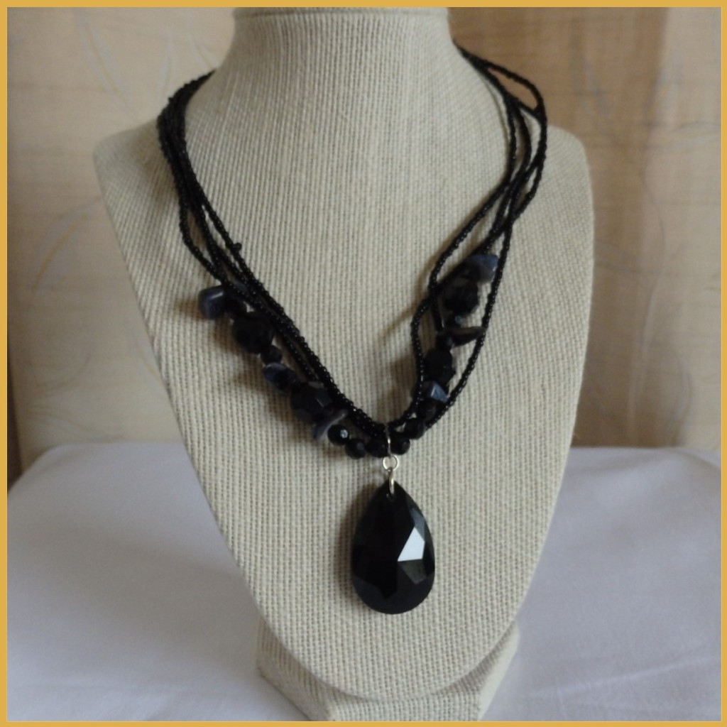 Black Teardrop Pendant on Black Bead Upcycled Necklace_1