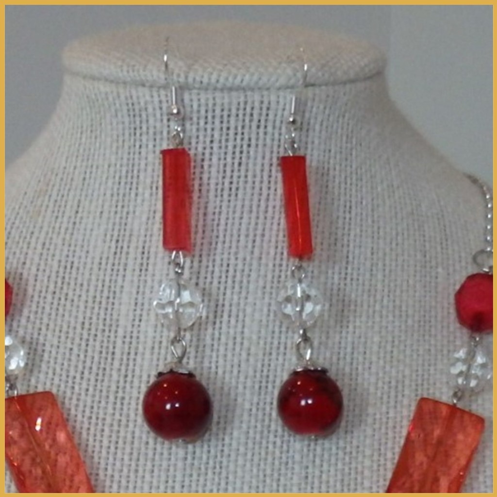 Red Bead Upcycled Necklace with Cherry Red Drop and Earrings Set_2