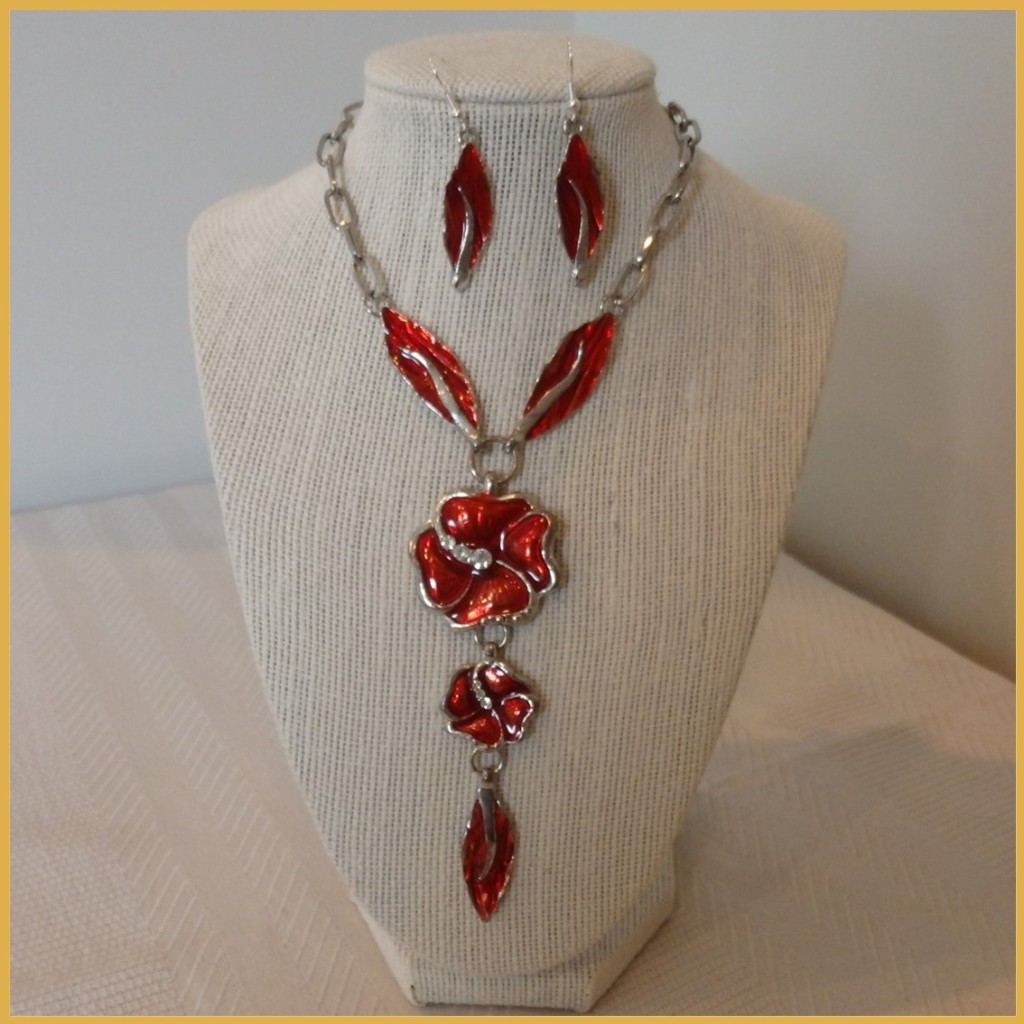 Poppy Red Flower Design Upcycled Necklace and Earrings Set_3