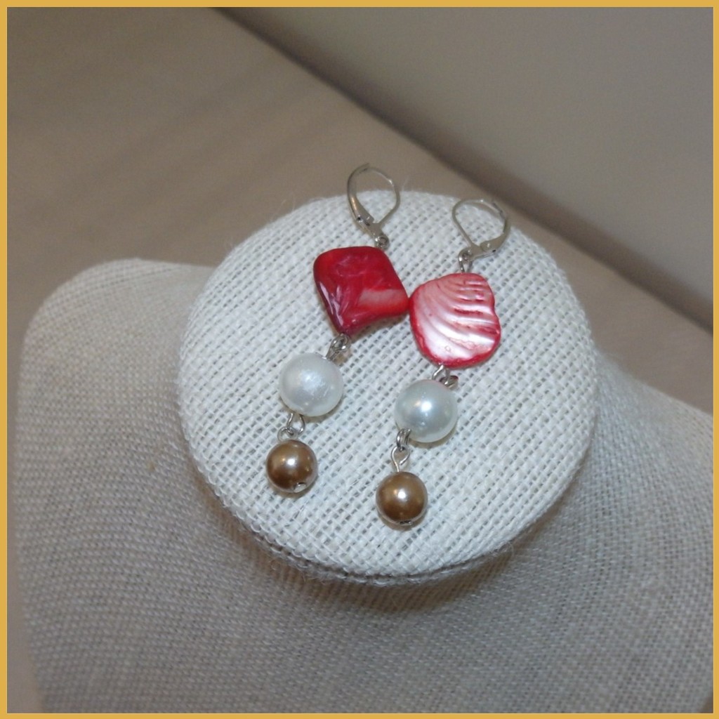 Pink, White and Bronze Bead Upcycled Earrings_1