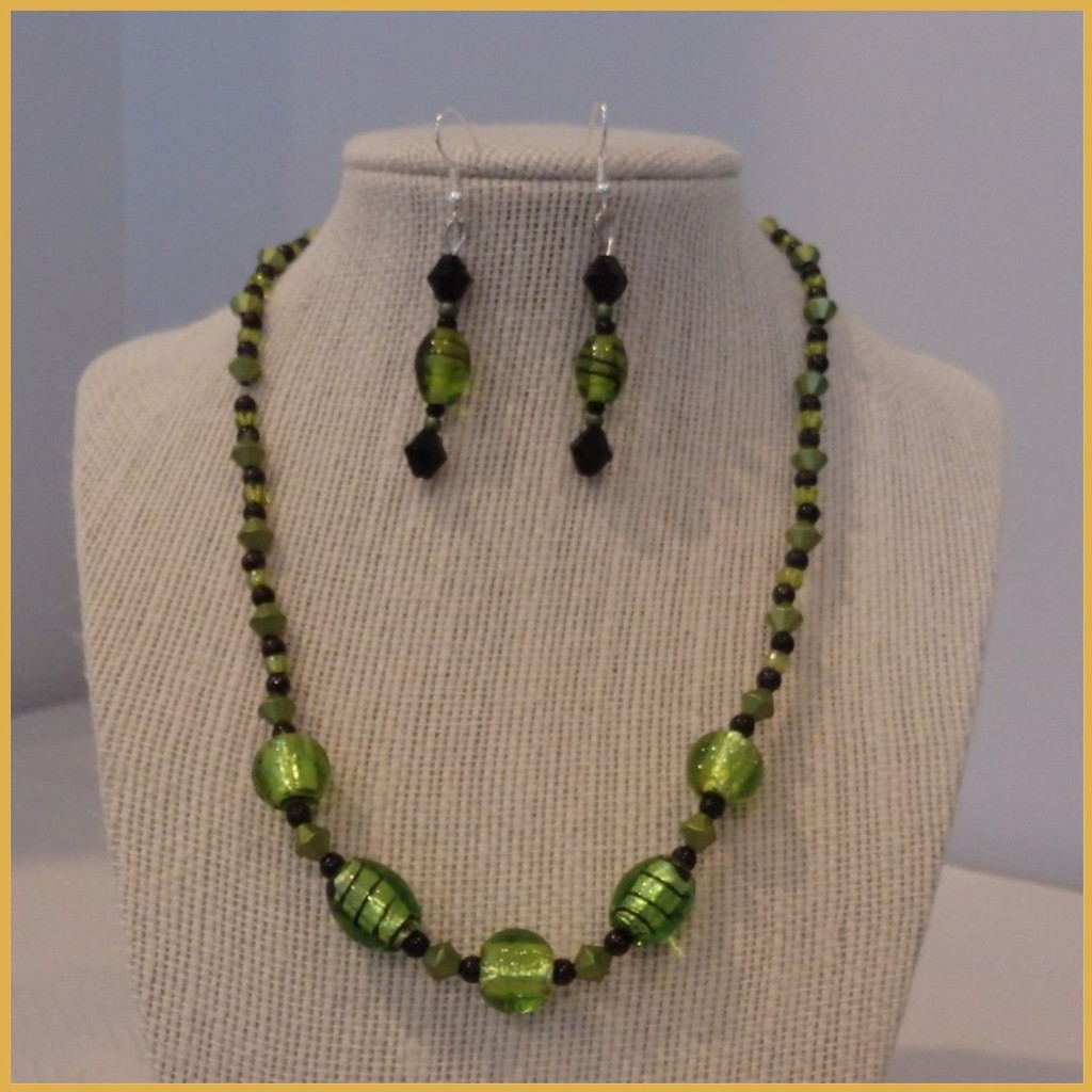 Green and Black Beads Upcycled Necklace and Earrings Set_1