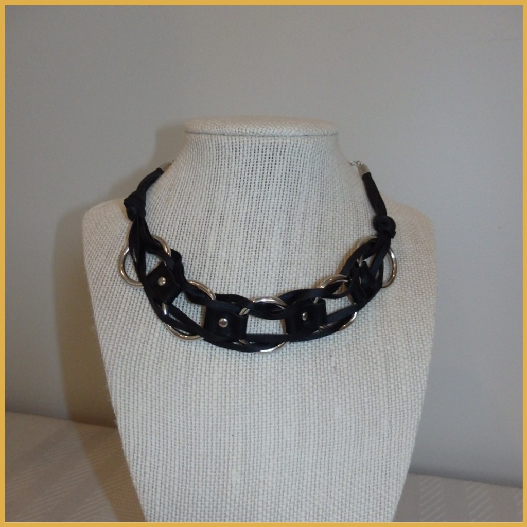 Black Faux Leather and Rings Choker-style Recycled Necklace_1