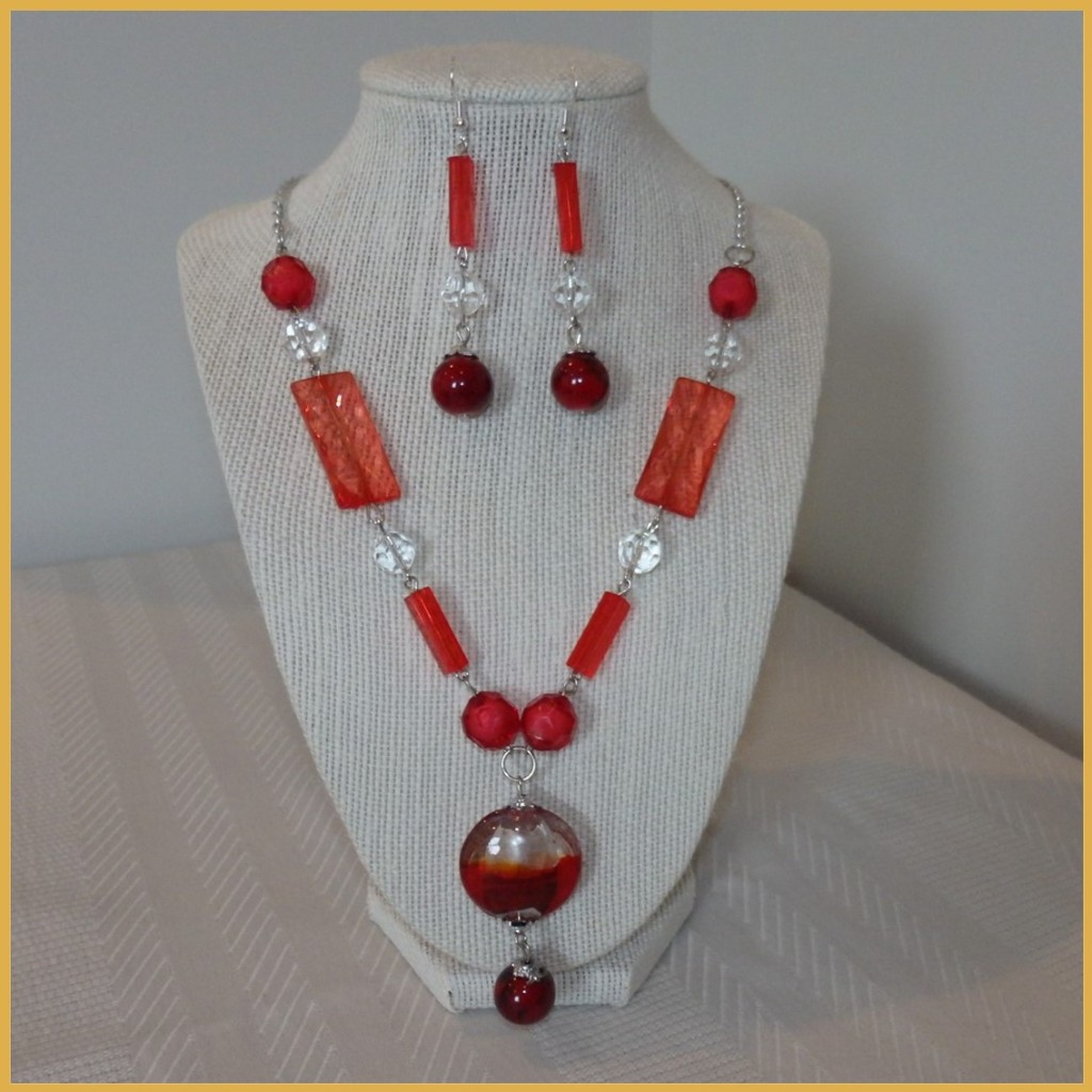 Red Bead Upcycled Necklace with Cherry Red Drop and Earrings Set_4